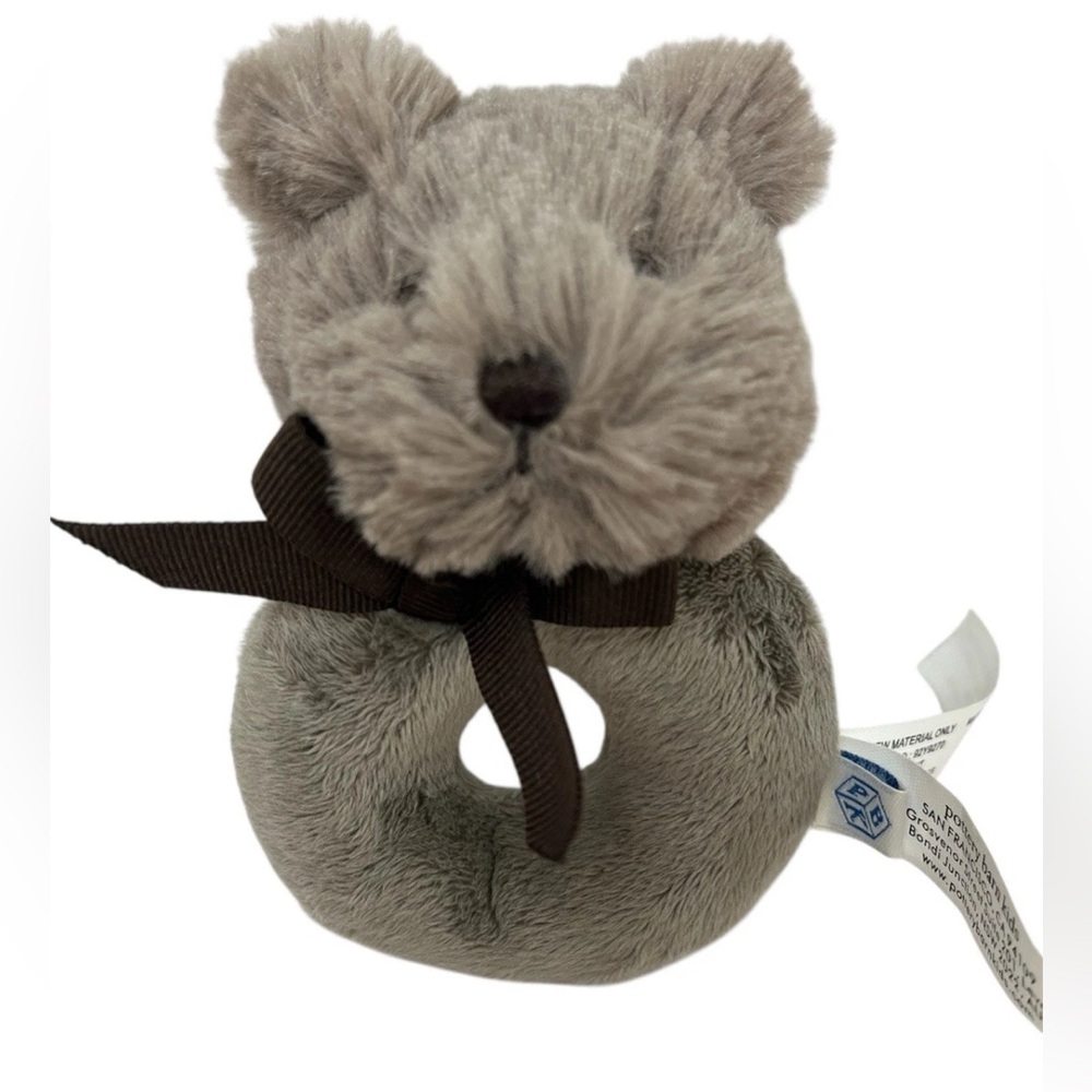Pottery Barn Kids PBK Rattle Toy Bear Plush Ring Soft Brown Gray Baby Infant VGC